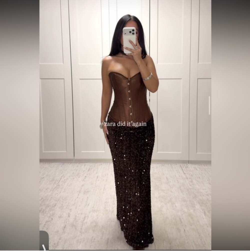 Zara Long Sequin Skirt Brown NWT